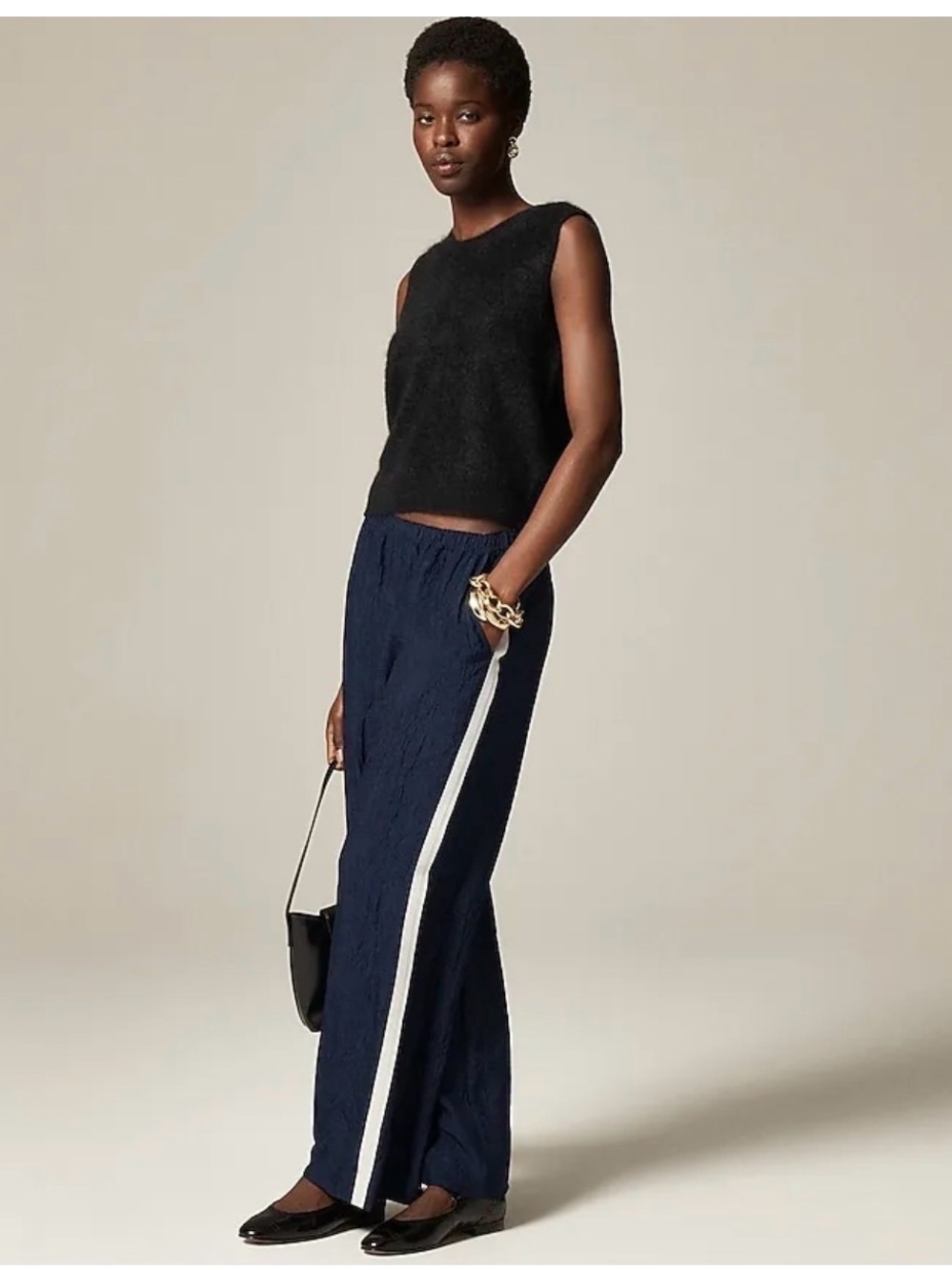 NWT J.Crew Navy Textured Satin Pants with White Side Stripes.